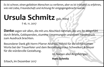 Traueranzeige von Ursula Schmitz von Trauerportal Echo Online