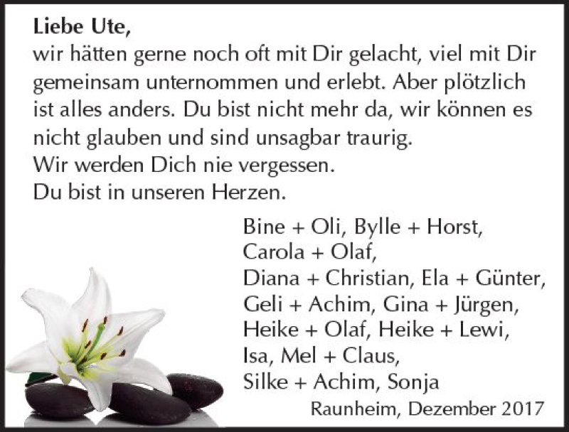 Traueranzeige für Ute  vom 02.12.2017 aus Trauerportal Rhein Main Presse