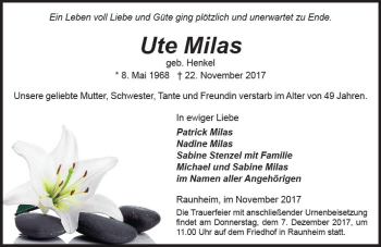 Traueranzeige von Ute Milas von Trauerportal Rhein Main Presse