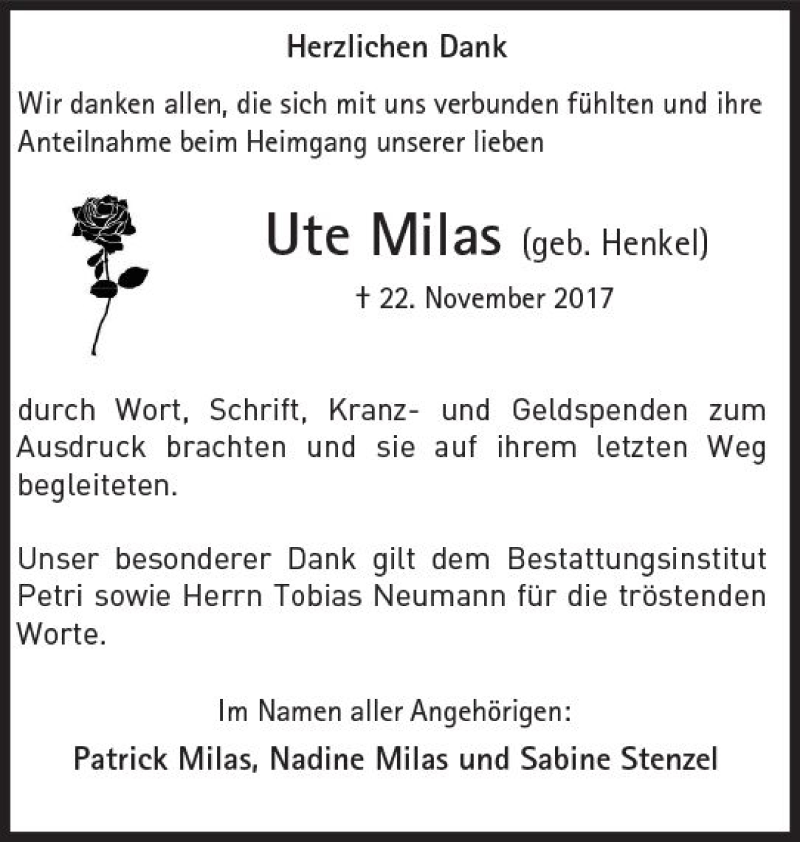  Traueranzeige für Ute Milas vom 16.12.2017 aus Trauerportal Rhein Main Presse