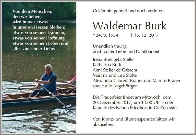  Traueranzeige für Waldemar Burk vom 16.12.2017 aus  Gießener Anzeiger