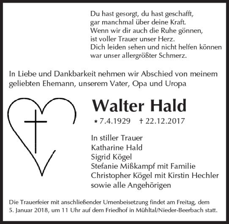  Traueranzeige für Walter Hald vom 30.12.2017 aus Trauerportal Echo Online
