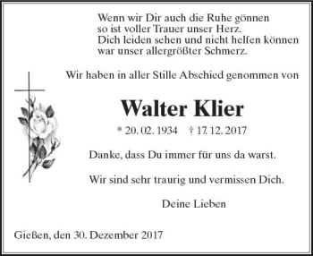 Traueranzeige von Walter Klier von  Gießener Anzeiger