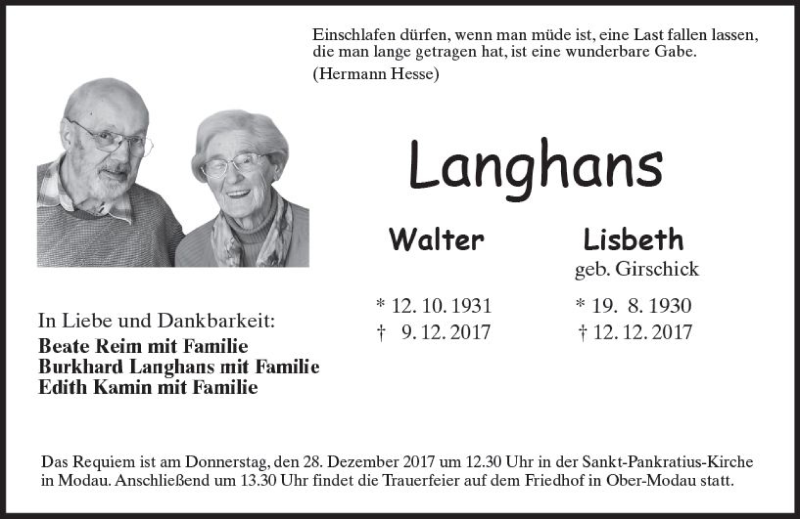  Traueranzeige für Walter  Langhans vom 20.12.2017 aus Trauerportal Echo Online