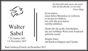 Traueranzeige von Walter Sabel von  Camberger Anzeiger