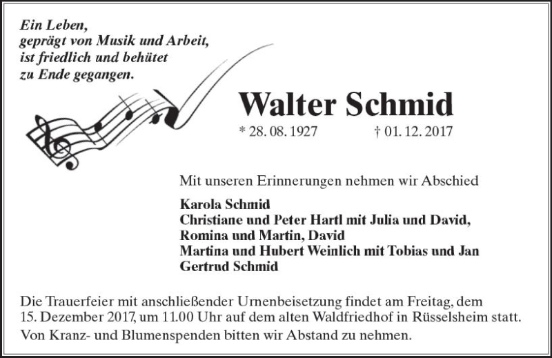  Traueranzeige für Walter Schmid vom 09.12.2017 aus Trauerportal Rhein Main Presse