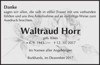 Traueranzeige von Waltraud Horr von  Kreisanzeiger