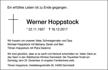 Traueranzeige von Werner Hoppstock von Trauerportal Echo Online