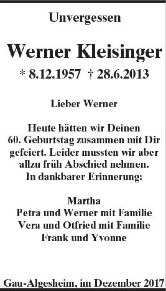 Traueranzeige für Werner Kleisinger vom 08.12.2017 aus Trauerportal Rhein Main Presse