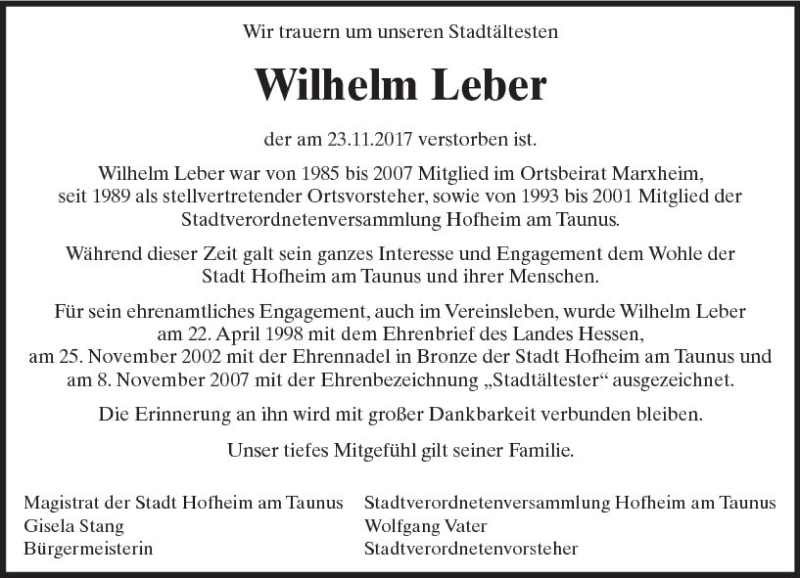  Traueranzeige für Wilhelm Leber vom 01.12.2017 aus Trauerportal Rhein Main Presse
