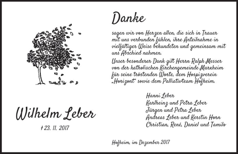  Traueranzeige für Wilhelm Leber vom 15.12.2017 aus Trauerportal Rhein Main Presse