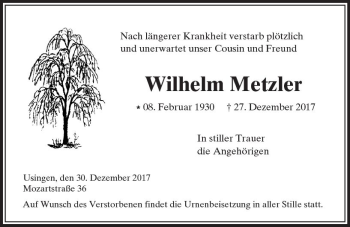 Traueranzeige von Wilhelm Metzler von  Usinger Anzeiger