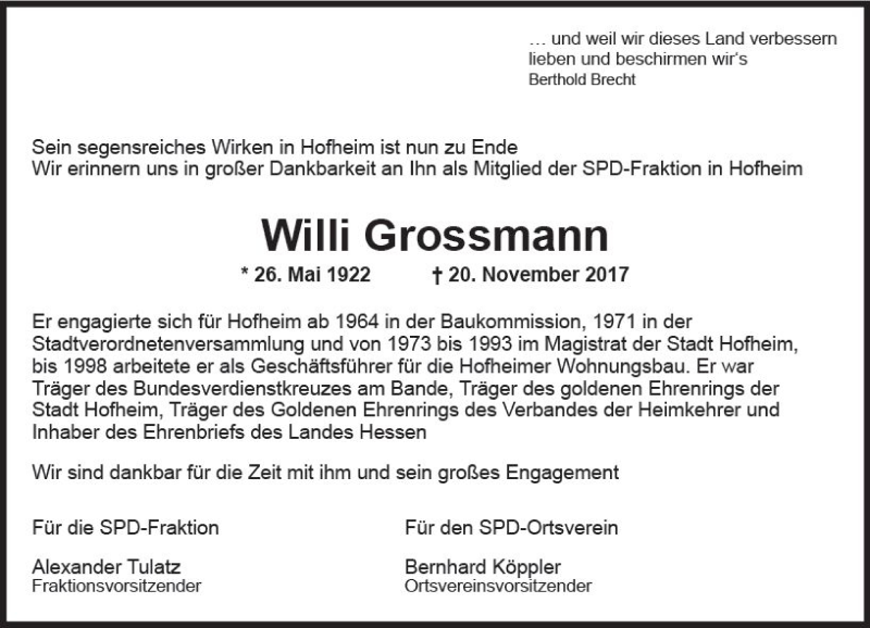  Traueranzeige für Willi Grossmann vom 01.12.2017 aus Trauerportal Rhein Main Presse