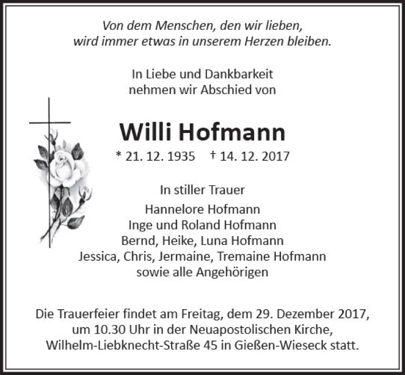  Traueranzeige für Willi Hofmann vom 23.12.2017 aus  Gießener Anzeiger