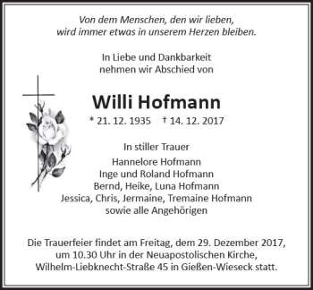 Traueranzeige von Willi Hofmann von  Gießener Anzeiger