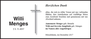 Traueranzeige von Willi Menges von Trauerportal Rhein Main Presse