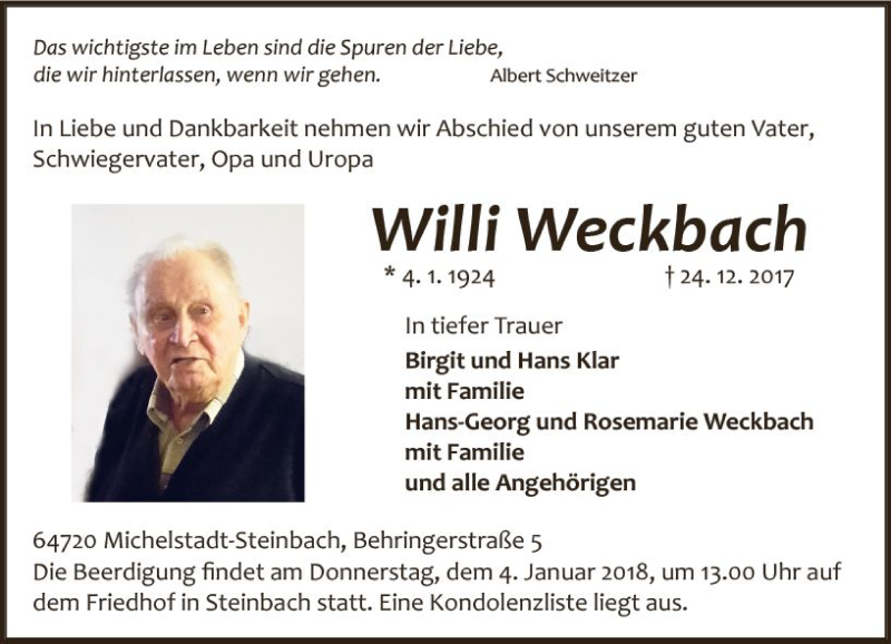  Traueranzeige für Willi Weckbach vom 30.12.2017 aus Trauerportal Echo Online