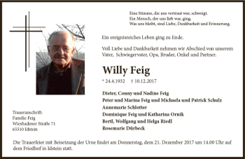Traueranzeige von Willy Feig von Trauerportal Rhein Main Presse