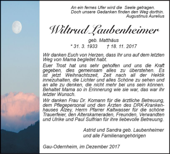 Traueranzeige von Wiltrud Laubenheimer von Trauerportal Rhein Main Presse