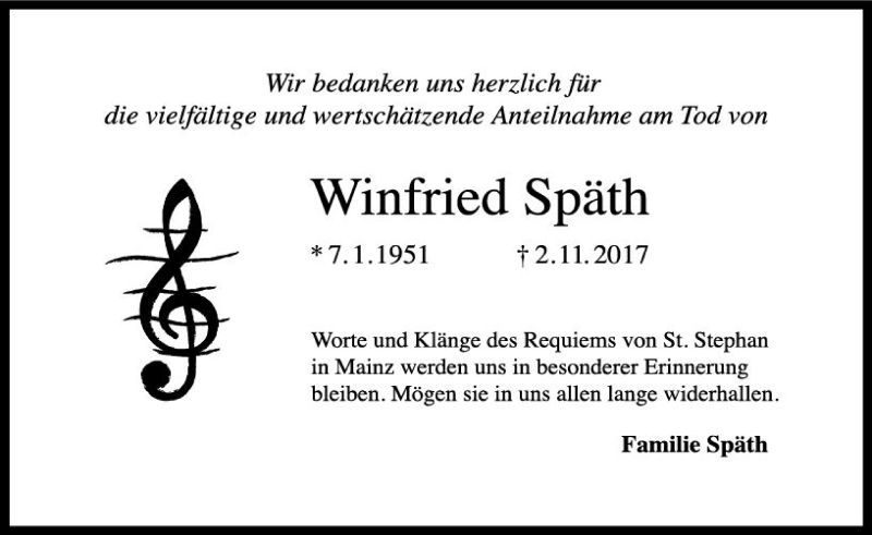  Traueranzeige für Winfried Späth vom 09.12.2017 aus Trauerportal Rhein Main Presse