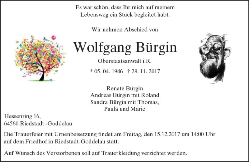  Traueranzeige für Wolfgang Bürgin vom 09.12.2017 aus Trauerportal Echo Online