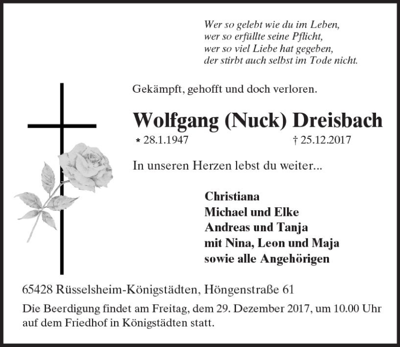  Traueranzeige für Wolfgang Dreisbach vom 28.12.2017 aus Trauerportal Rhein Main Presse
