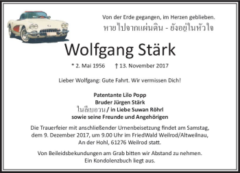 Traueranzeige von Wolfgang Stärk von  Usinger Anzeiger