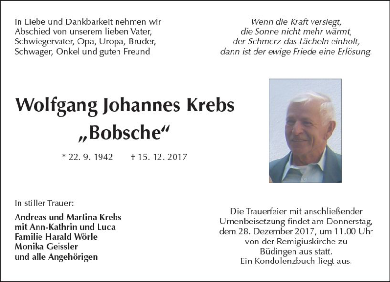  Traueranzeige für Wolfgang Johannes Krebs vom 23.12.2017 aus  Kreisanzeiger