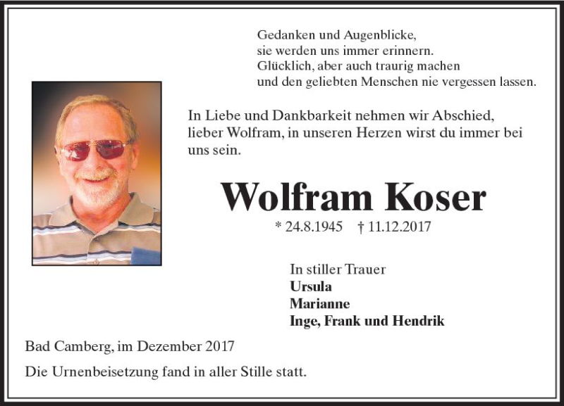  Traueranzeige für Wolfram Koser vom 21.12.2017 aus  Camberger Anzeiger