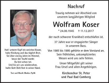Traueranzeige von Wolfram Koser von  Camberger Anzeiger
