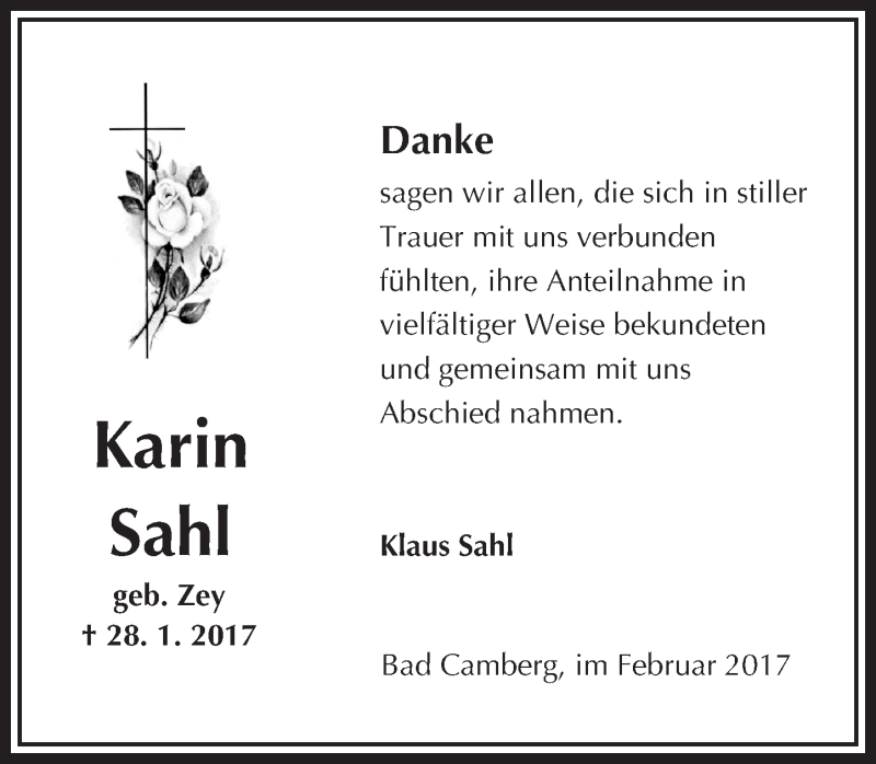 Traueranzeige für Karin Sahl vom 23.02.2017 aus  Camberger Anzeiger