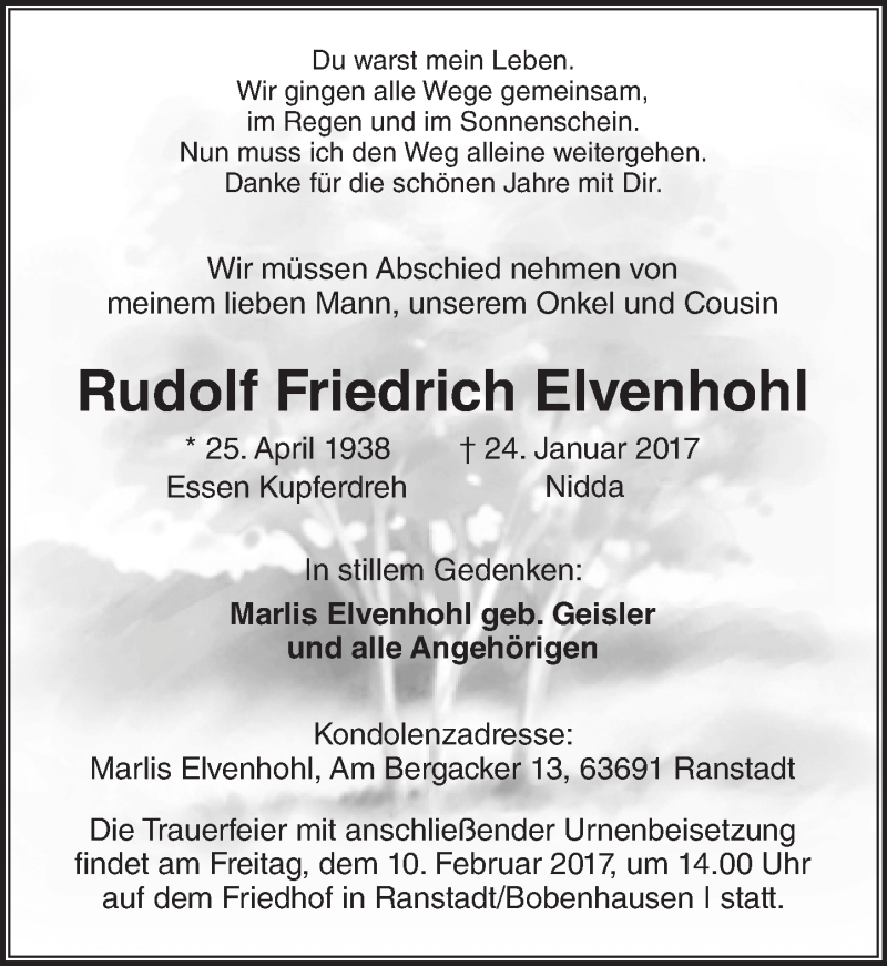  Traueranzeige für Rudolf Friedrich Elvenhohl vom 04.02.2017 aus  Kreisanzeiger