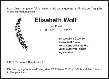Traueranzeige von Elisabeth Wolf von Trauerportal Echo Online