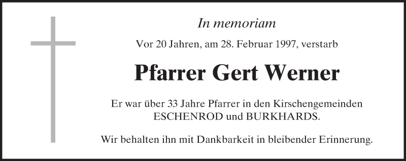  Traueranzeige für Gert Werner vom 28.02.2017 aus  Kreisanzeiger