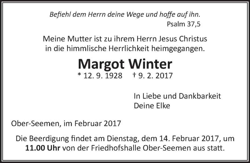  Traueranzeige für Margot Winter vom 11.02.2017 aus  Kreisanzeiger