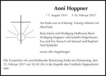 Traueranzeige von Anni Hoppner von Trauerportal Echo Online