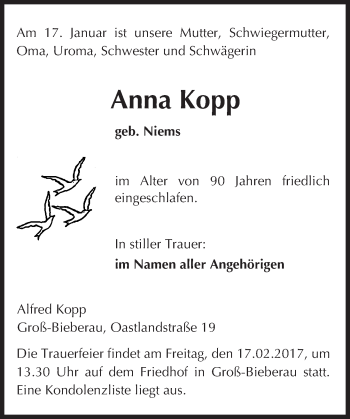Traueranzeige von Anna Kopp von Trauerportal Echo Online