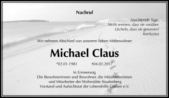 Traueranzeige von Michael Claus von  Gießener Anzeiger