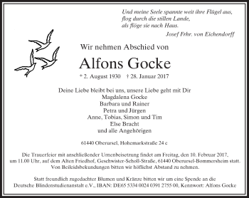 Traueranzeige von Alfons Gocke von  Usinger Anzeiger