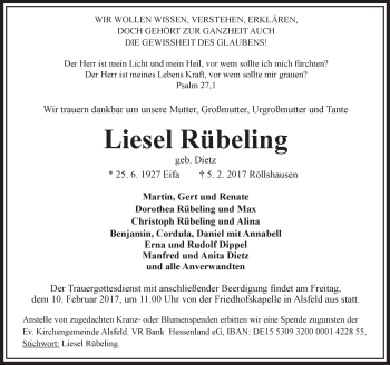 Traueranzeige von Liesel Rübeling von VRM Trauer