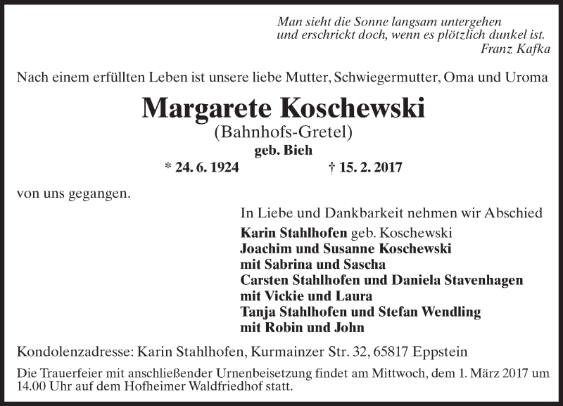  Traueranzeige für Margarete Koschewski vom 24.02.2017 aus Trauerportal Rhein Main Presse