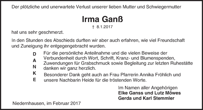  Traueranzeige für Irma Ganß vom 04.02.2017 aus Trauerportal Echo Online