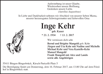 Traueranzeige von Inge Kehr von Trauerportal Rhein Main Presse