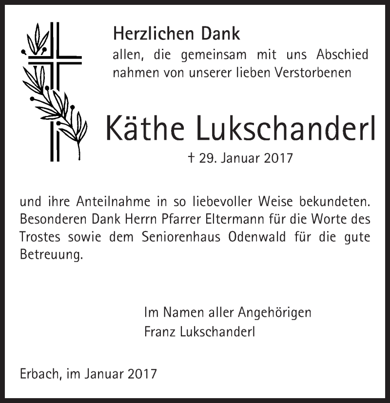  Traueranzeige für Käthe Lukschanderl vom 01.03.2017 aus Trauerportal Rhein Main Presse