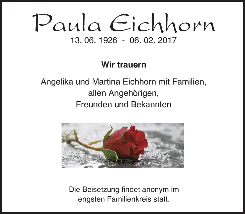  Traueranzeige für Paula Eichhorn vom 09.02.2017 aus  Camberger Anzeiger