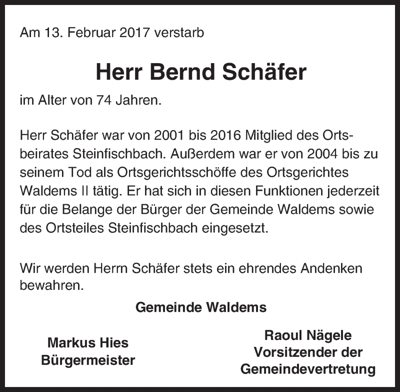  Traueranzeige für Bernd Schäfer vom 17.02.2017 aus Trauerportal Rhein Main Presse