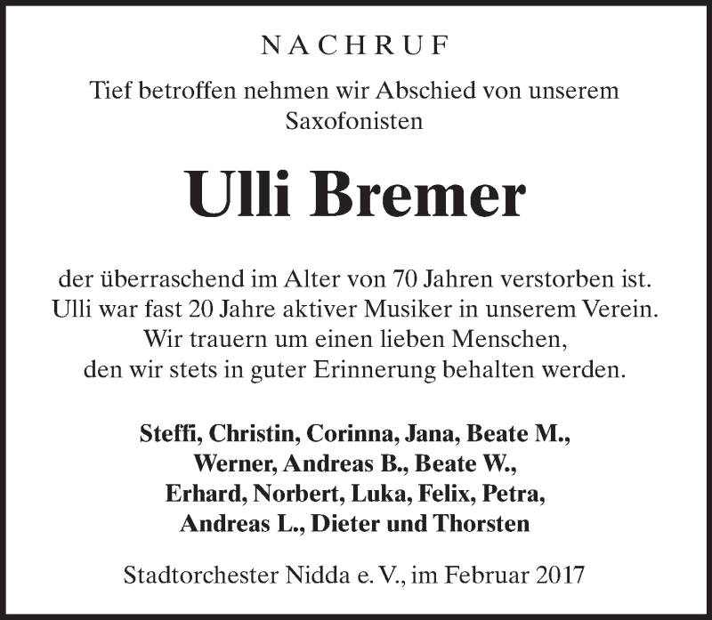  Traueranzeige für Ulli Bremer vom 25.02.2017 aus  Kreisanzeiger