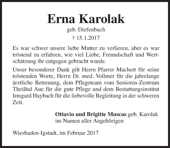 Traueranzeige von Erna Karolak von Trauerportal Rhein Main Presse