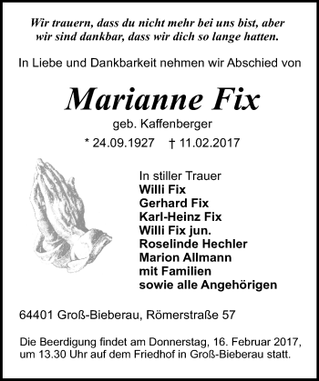 Traueranzeige von Marianne Fix von Trauerportal Echo Online