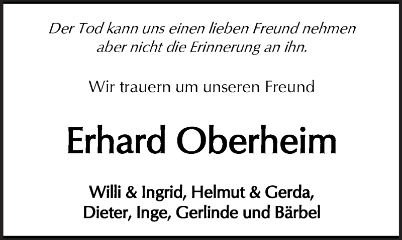  Traueranzeige für Erhard Oberheim vom 01.03.2017 aus  Kreisanzeiger